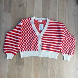 ADORA Orange Red & White Patchwork Knit Cardigan | Checker & Stripe | Size M